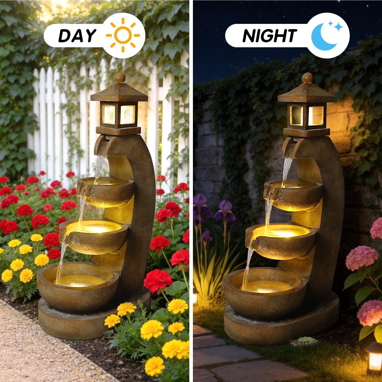 Mintazer 35.4" Pagoda Lantern Cascading Waterfall Fountain with LED Lights, Outdoor Garden Fountain for Patio Porch Backyard Landscape