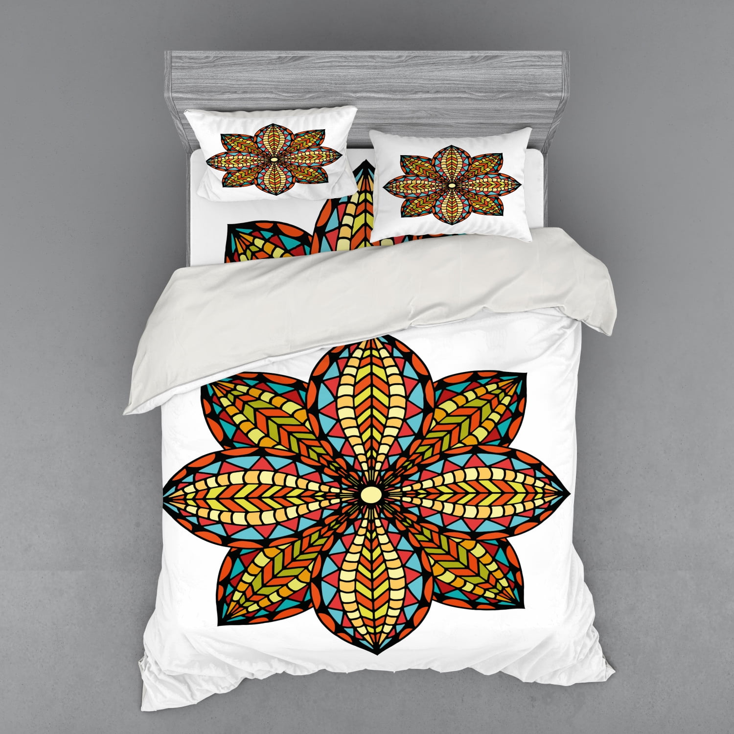 Mandala Duvet Cover Set, Floral Motif Geometric Colorful Petals Curvy