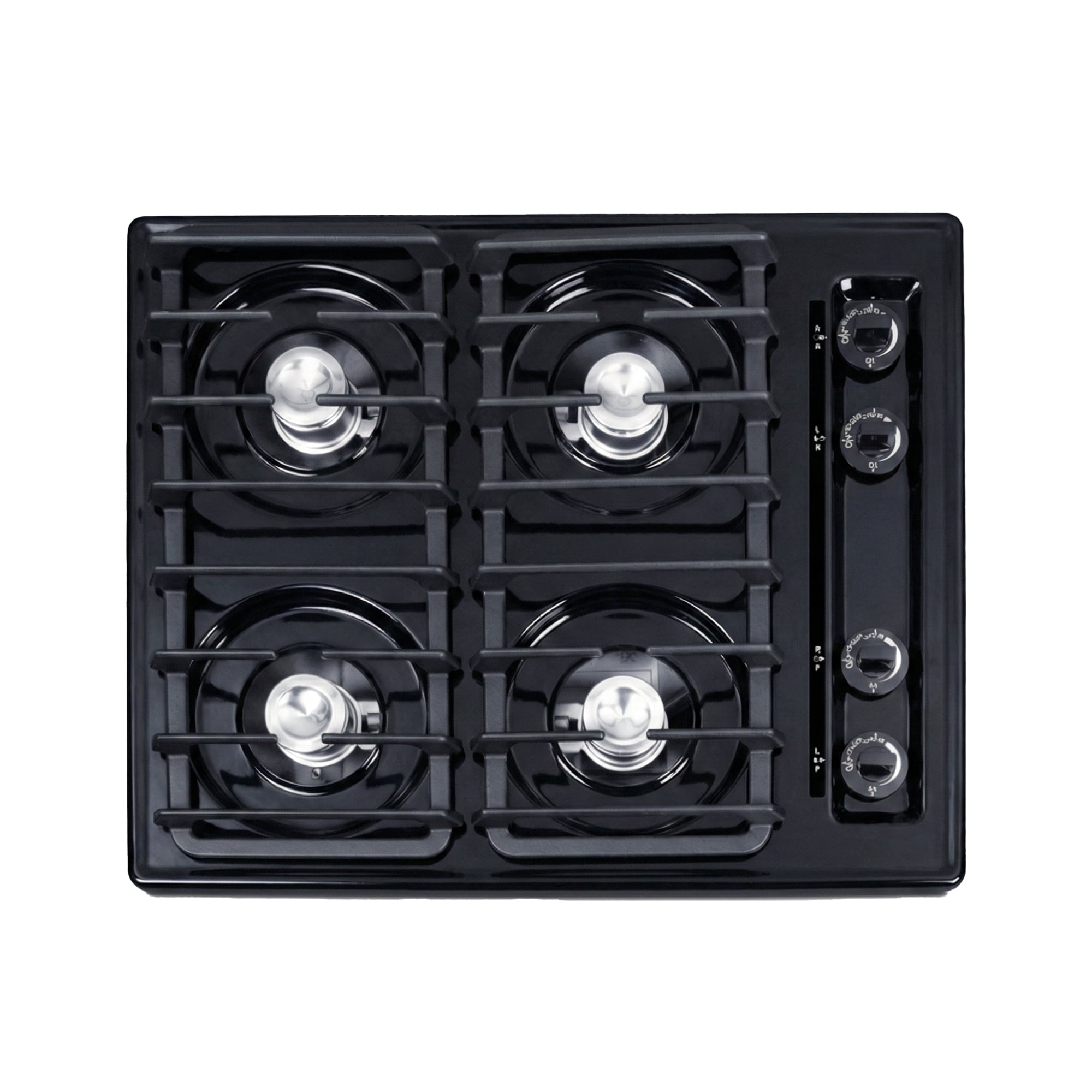 Summit 24 Inch Gas Cooktop, 4 Burners, Battery Start, 115V-3, Black - TNL03IP
