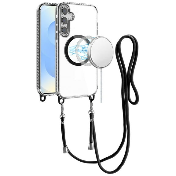 For Samsung Galaxy S25  /S25 Plus /S24  Plus Clear Magnetic Frame PC Back Shockproof Protective Case with Detachable Lanyard Strap, Compatible with MagSafe Cover, XPM Phone Case [Black]