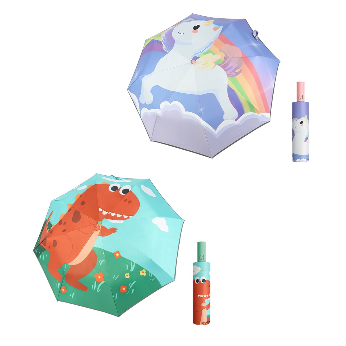 Kepooman 2 PACKS Lightweight Folding Compact Umbrella, Portable Fully Automatic Children's Umbrella, Sun & Rain Umbrellas Windproof Parasol for Kid, Purple-Rainbow Pony & Green- Dinosaur Paradise Kepooman 2 PACKS Lightweight Folding Compact Umbrella, Portable Fully Automatic Children's Umbrella, Sun & Rain Umbrellas Windproof Parasol for Kid, Purple-Rainbow Pony & Green- Dinosaur Paradise