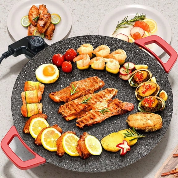 Multifunctional Medical Stone Non-Stick Electric Grill Pan, Red Handle, 5-Speed Temp Control, Korean BBQ Grill, 1 Pack