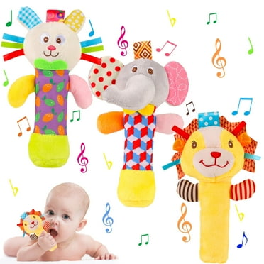 KABOER 3 Pcs Baby Soft Rattles Toys, Baby Sensory Rattle Toys, Plush Animal Rattle Toys, Infant Squeak Sound Sensory Toys for 0-6 Months Newborn