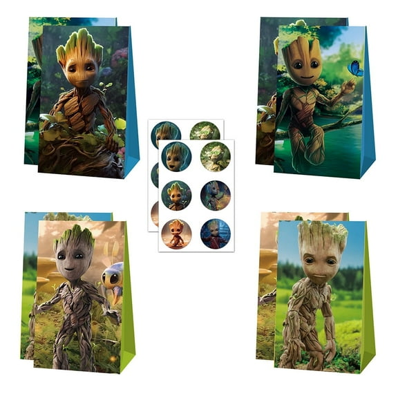 12 PCS Party Favor Candy Bags for Groot Cartoon Themed Birthday Supplies Decor Kraft Paper Gift Bag.