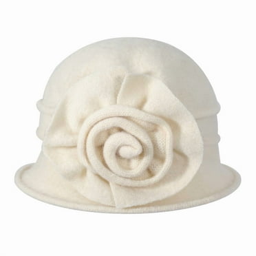 DLAPL Women's Wool Cloche Bucket Hat with Flower Accent,Floral Cream White