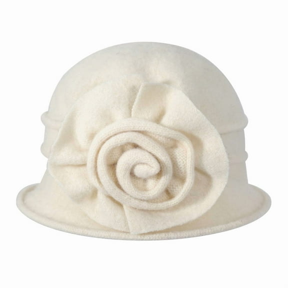 DLAPL Women's Wool Cloche Bucket Hat with Flower Accent,Floral Cream White