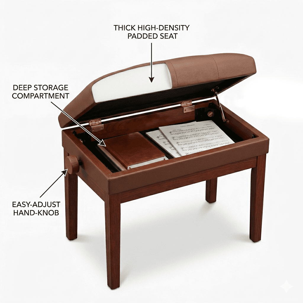 Adjustable Wooden Piano Bench Stool with Sheet Music Storage Brown