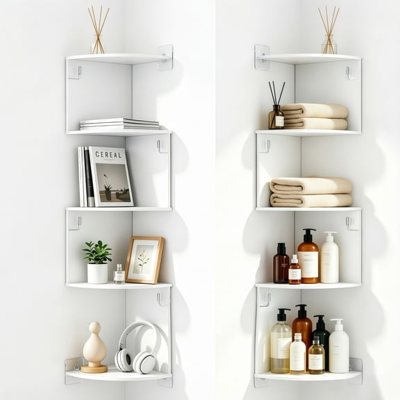 2 Pack 5-Tier Floating Corner Shelf, 2.72Ft Wall Mount Bookshelf for Office, No-Drill,MDF Storage Organizer for Kitchen, Bedroom, Bathroom & Living Room Decor