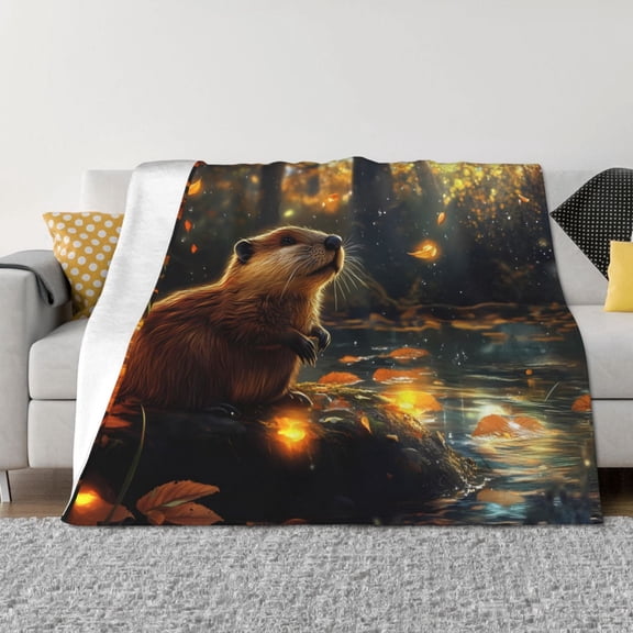 Throw Blanket for Couch - Autumn Maple Leaf Riverside Beaver Soft Comfy Lightweight Cozy Warm Throw Blanket, Fuzzy Plush Flannel Blanket & Throws for Sofa and Bed All Season