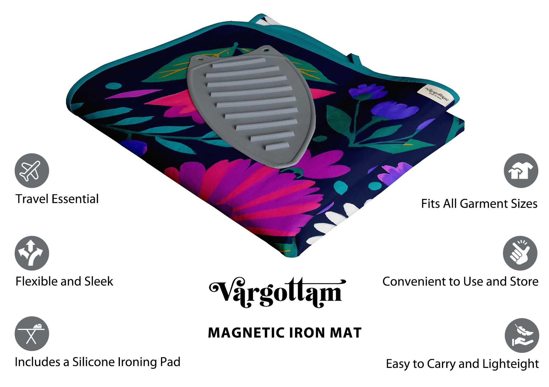 Vargottam Magnetic Ironing Mat - Foldable Cotton Iron Mat with Fiber Pad & Silicone Iron Rest - Portable, Washable, Travel-Friendly Ironing Board Alternative for Tabletop, Washer, Dryer - Floral