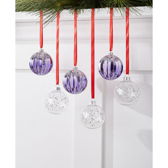 Holiday Lane Royal Holiday Set of 6 Shatterproof Purple & Clear Decorated Ball Ornament
