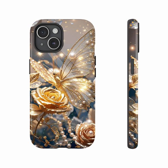 Luxury Gold Butterfly Pearl Phone Case for Women with Sparkling Glitter Wings & Pearl Embellishments, Durable Shockproof Clear Back Cover, Compatible with iPhone 11/12/13/14/15/16 (Pro Max/Plus) - Pe