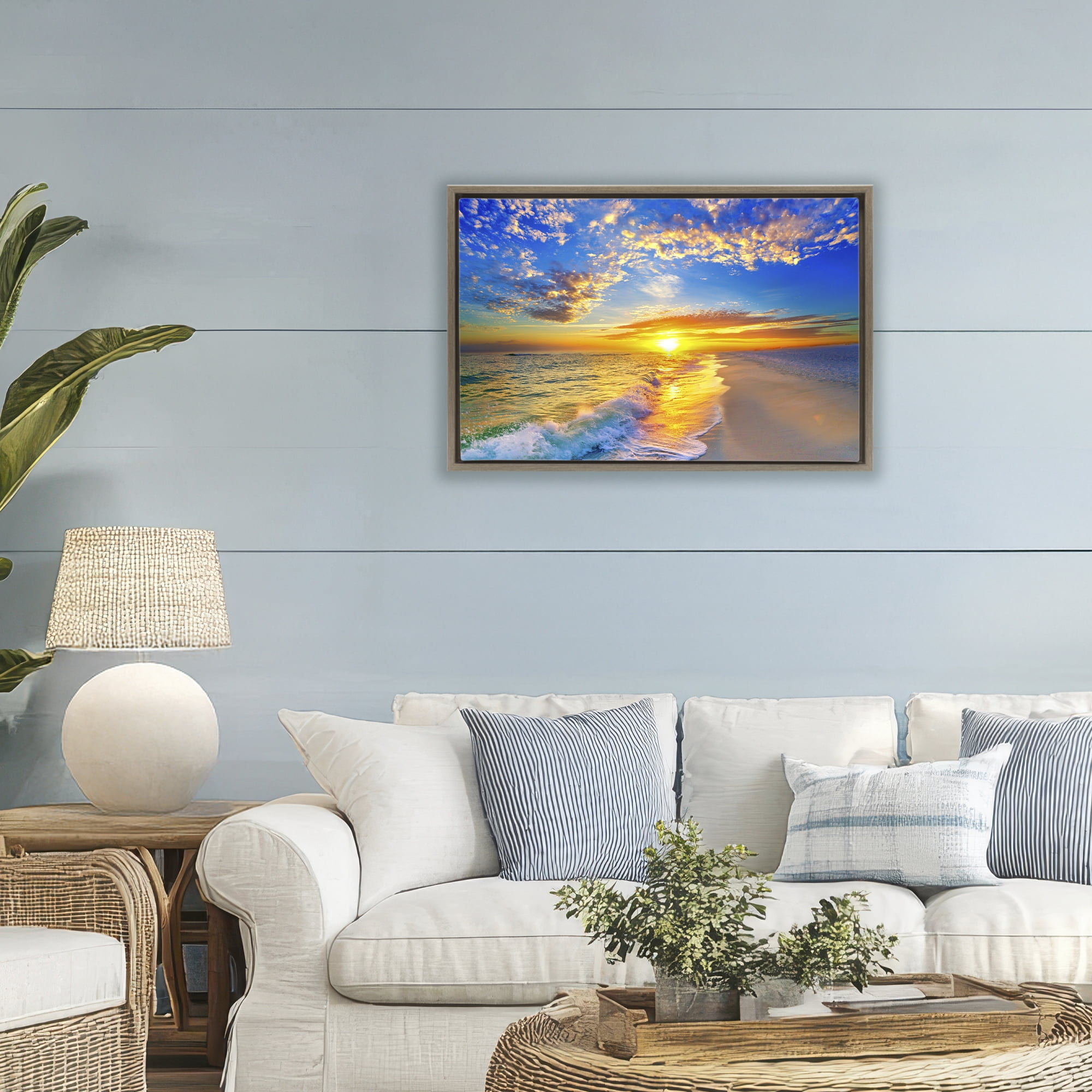 Stupell Industries Golden Sunset Beach Blue Sky Brown Framed Floater Canvas Wall Art, design by Eszra Tanner