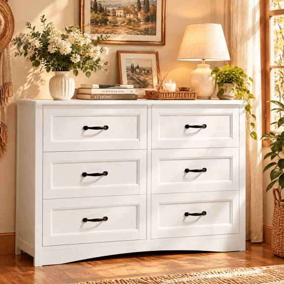 6 Drawer Dresser for Bedroom, Asofer Modern Farmhouse White Dresser, Wide Chest of Drawers with Black Metal Handles for Bedroom & Entryway