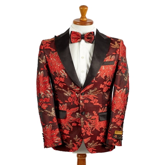 Mens 2 Button Red & Gold Floral Paisley Tuxedo Blazer By Alberto Nardoni