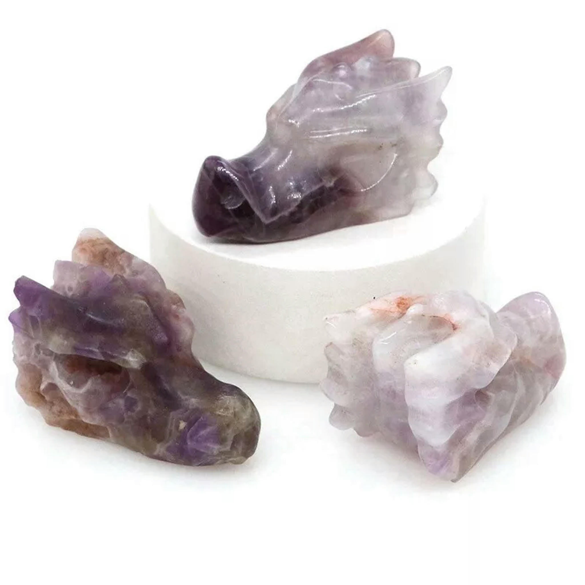 EOEMY 10Pcs Natural Amethyst Quartz Crystal Dragon Head Skull Carved Vivid Loong Decor