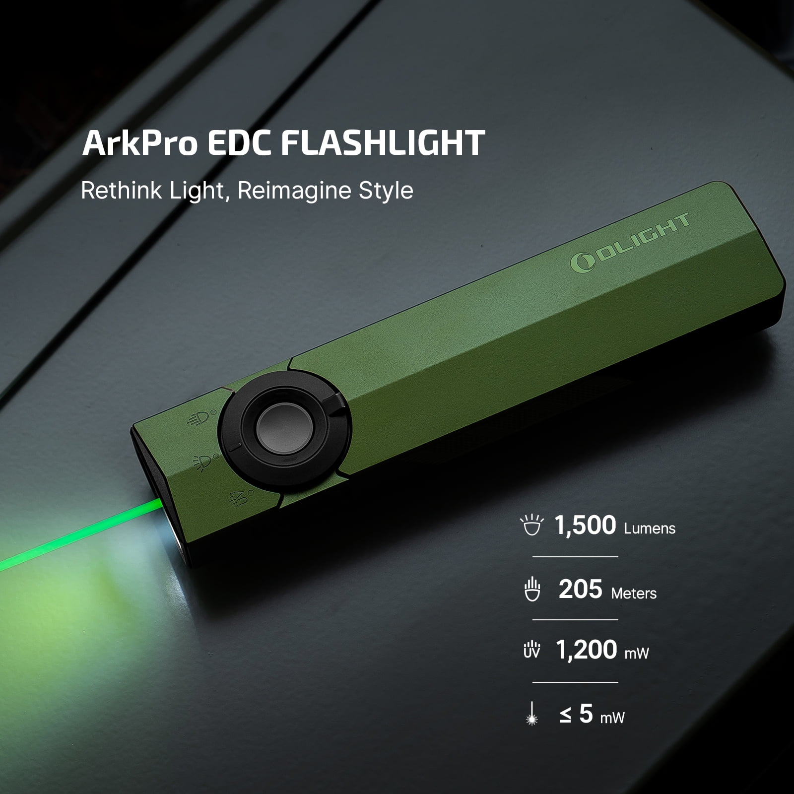 OLIGHT ArkPro EDC Flat Flashlight Rechargeable with Green Beam, UV and White LED,1500 Lumens USB-C Pocket Camping Flashlight, Spotlight Floodlight for Outdoor Emergency Working (OD Green CW)