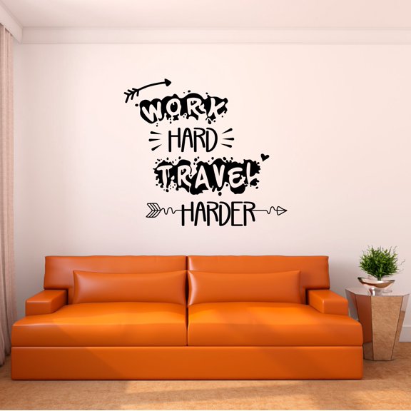 Home Wall Decal - Work Hard Travel Harder - Joyful Adventure Design Inspirational Travelling Quote with Arrow Designs - Proudly Hand Made Decal - Size: 10 In(W) x 9 In(H)