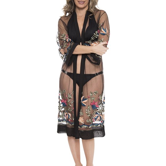 Women's Kimono Summer Embroidered Floral Lightweight Top Cover Beachwear Dress, Blue, One Size