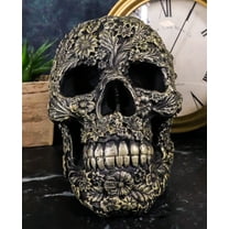 Vintage Bronze Finished Day of The Dead Tooled Flora Fauna Floral Skull Figurine