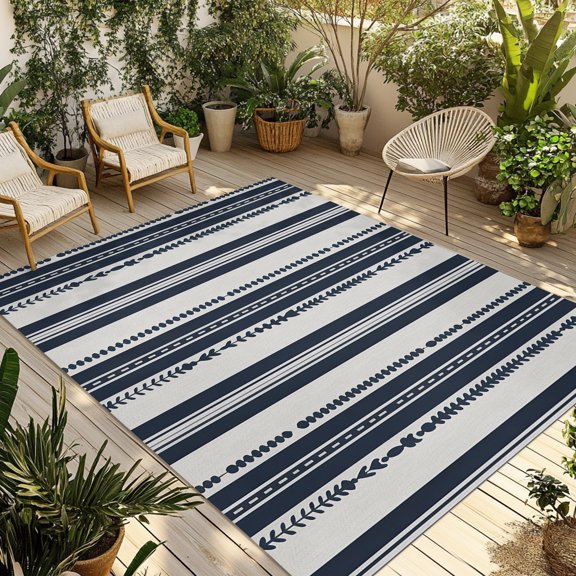 Blue Stripes Lines Outdoor Area Rug 5x8ft Decorative Indoor Outdoor Rug Geometric Classic Striped Patio Area Rug for Porch, Deck, Balcony, Entryway, Camping & RV