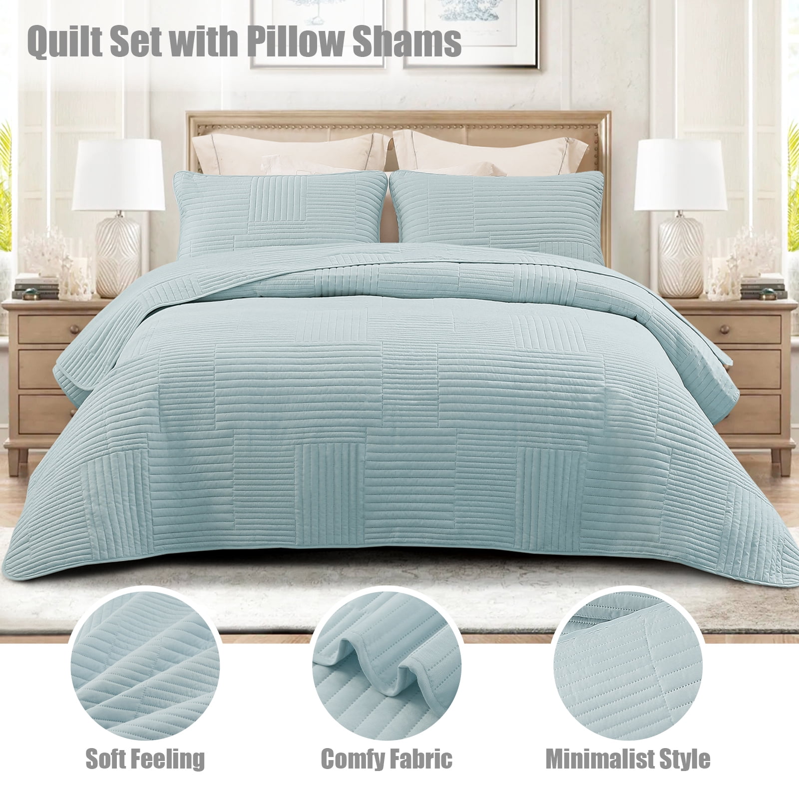 Whale Flotilla King Quilt Set, Soft and Lightweight Bedspreads Coverlet with Striped Pattern, Reversible Bedding Sets with Pillow Shams, 96x104 Inches, Aqua