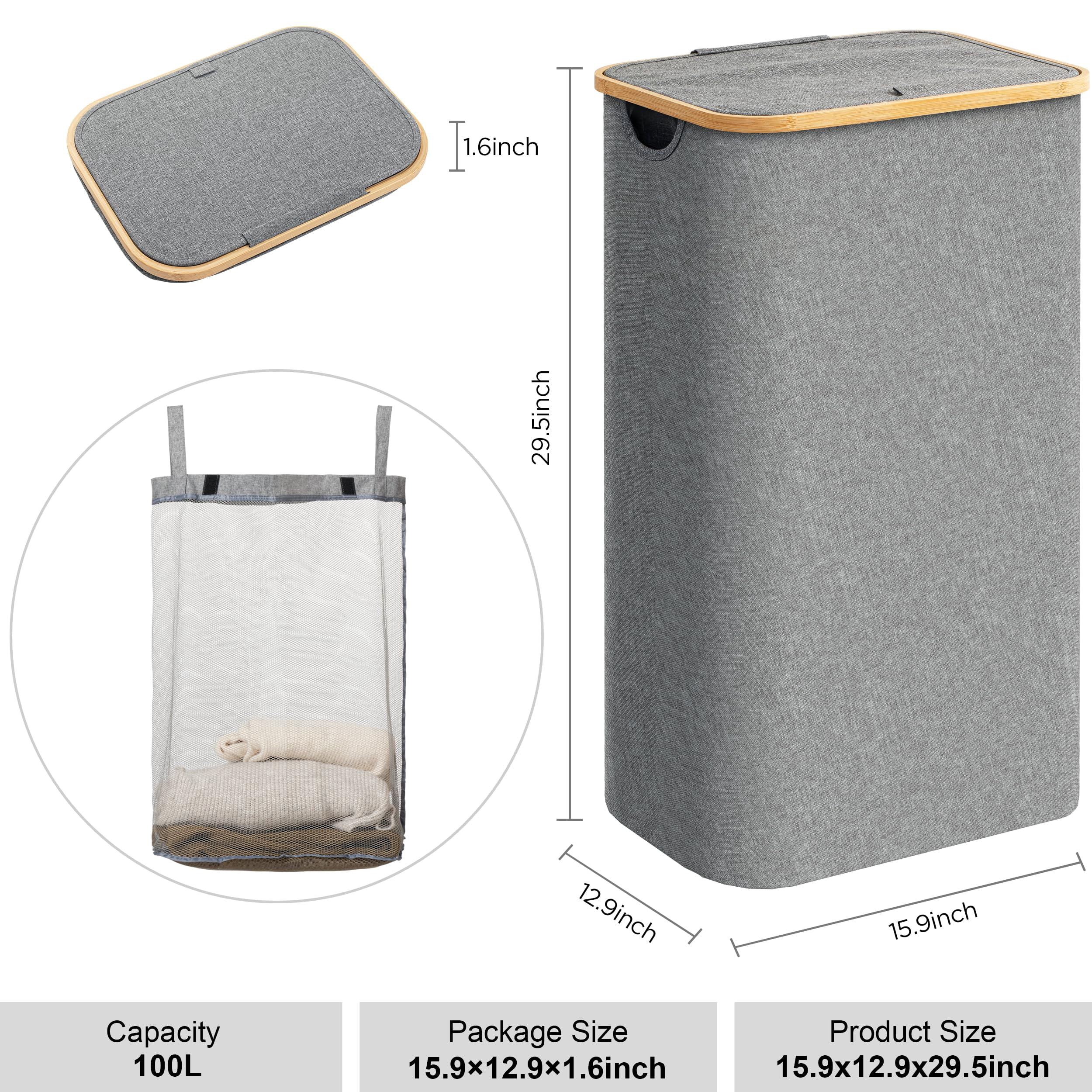 HBlife 100L Slim Laundry Hamper with Lid and Removable Inner Bag,Grey