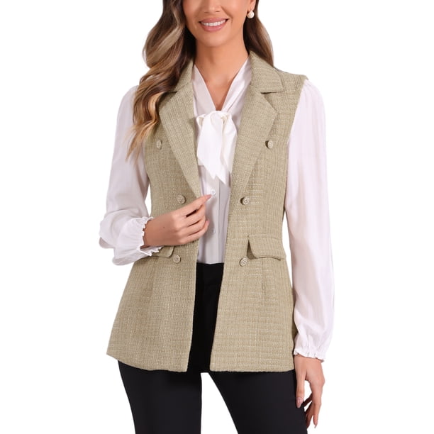 CHALECO SIN MANGAS DE TWEED A CUADROS CON SOLAPA Y ABIERTO PARA MUJERES INSPIRAR CHIC CON BOLSILLO L CAMEL