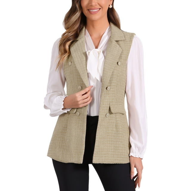 CHALECO SIN MANGAS DE TWEED A CUADROS CON SOLAPA Y ABIERTO PARA MUJERES INSPIRAR CHIC CON BOLSILLO L CAMEL