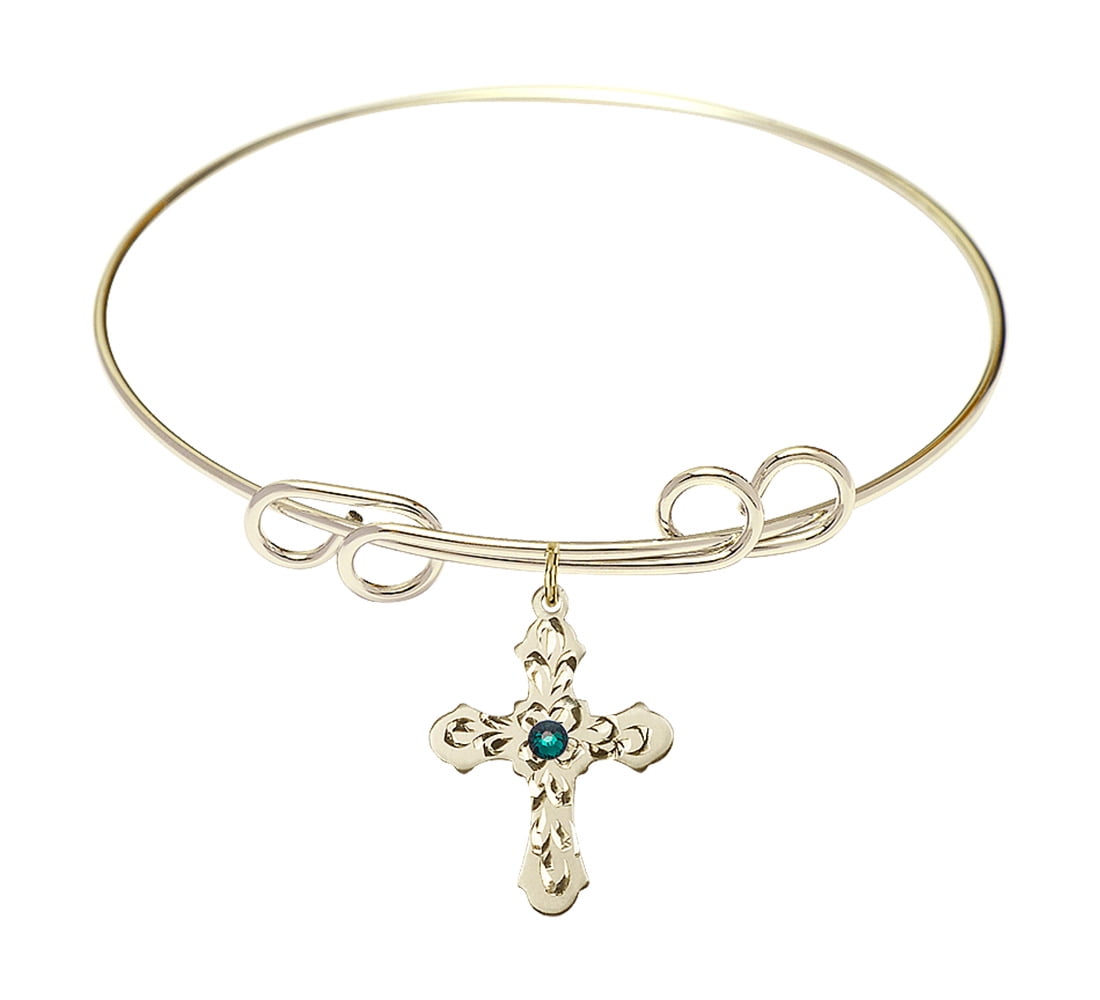 8 inch Round Double Loop Bangle Bracelet w/ Cross medal charm w/ May