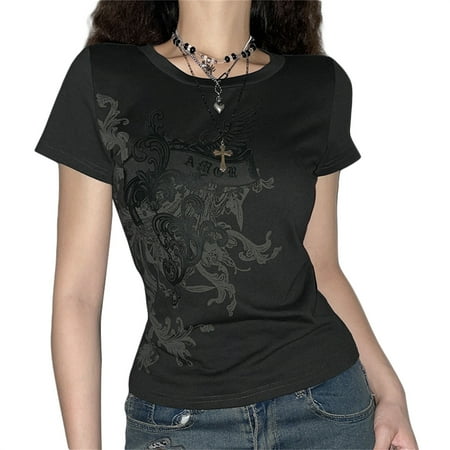 Vintage Y2K Grunge Aesthetic Gothic Punk T Shirt Short Sleeve Rock Graphic Print Crop Tee Slim Fairy Cotton Streetwear