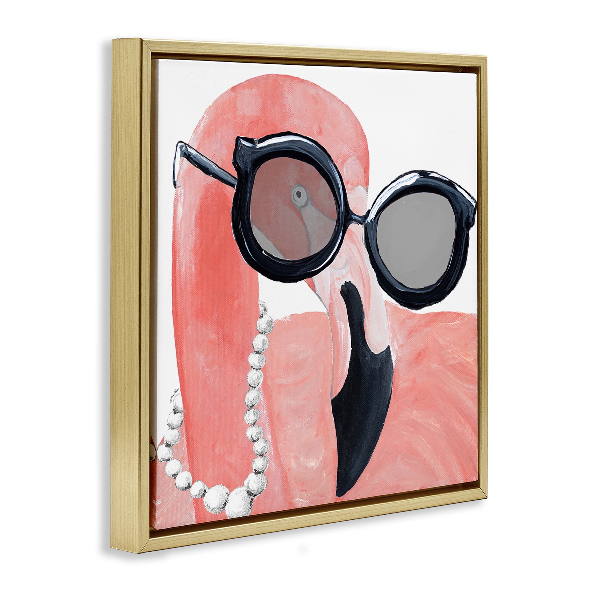 Stupell Industries Flamingo with Glam Pearls Animals & Insects Painting Gold Floater Framed Canvas Art Print Wall Art, 18 x 18