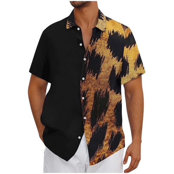 QQAMB Men's Shirts Button Down Lapel Collar Leopard Print Short Sleeve Shirt Trendy Hawaiian Shirts Summer Casual Vacation Tops Yellow 4XL