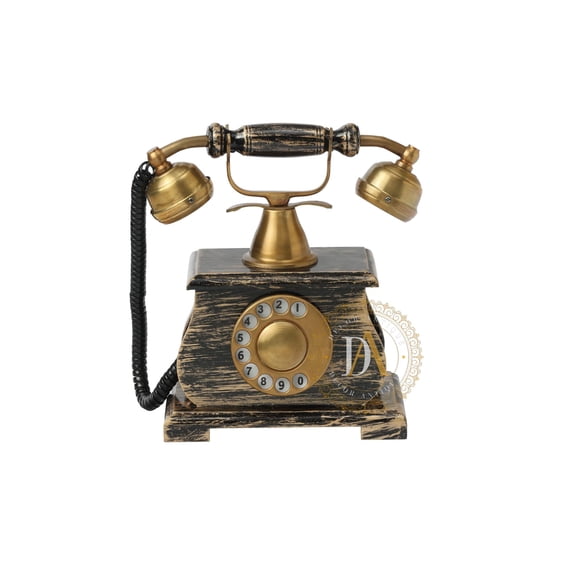 Vintage Collection Telephone Wooden Golden Carving Work Vintage Wooden Base (Non Working) Telephone Decor Gift Item