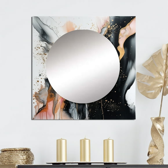 Designart "Pierre Fluide en Noir et Or" Miroir Carré Abstrait en Marbre pour Décoration Murale - Grand Miroir Carré Noir Imprimé Décoration Murale - Miroir Carré Moderne pour Salon