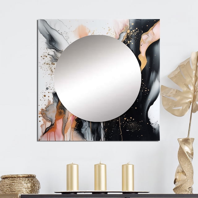 Designart "Fluid Stone in Black and Gold" Abstract Marble Square Mirror For Wall Decor - Large Black Square Mirror Printed Wall Decor - Modern Square Living Room Mirror