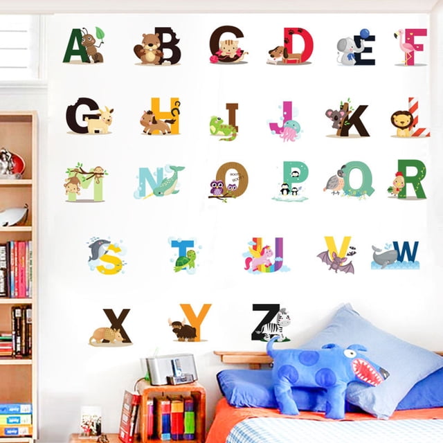 26 pegatinas de pared con alfabeto de PVC para habitaciones de niños, pegatinas de pared decorativas para sala de juegos ABC de animales