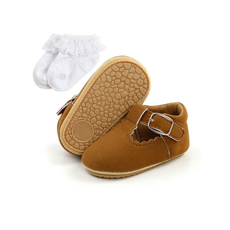 

Rotosw Toddler Boys Girls Walking Shoe Magic Tape Loafers First Walker Crib Shoes Baby Flats Little Kids Comfort Rubber Sole Moccasin Nubuck Brown With Socks 5C