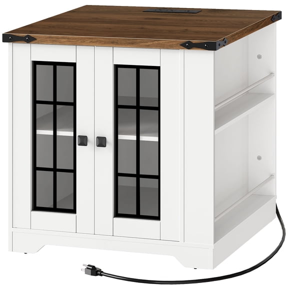 HOOBRO Farmhouse End Table with Charging Station, 23.6" Large End Table for Living Room with Side Shelves, Square Nightstand with Glass Barn Door, Large Sofa Side Table, White and Walnut WH600UBZ01