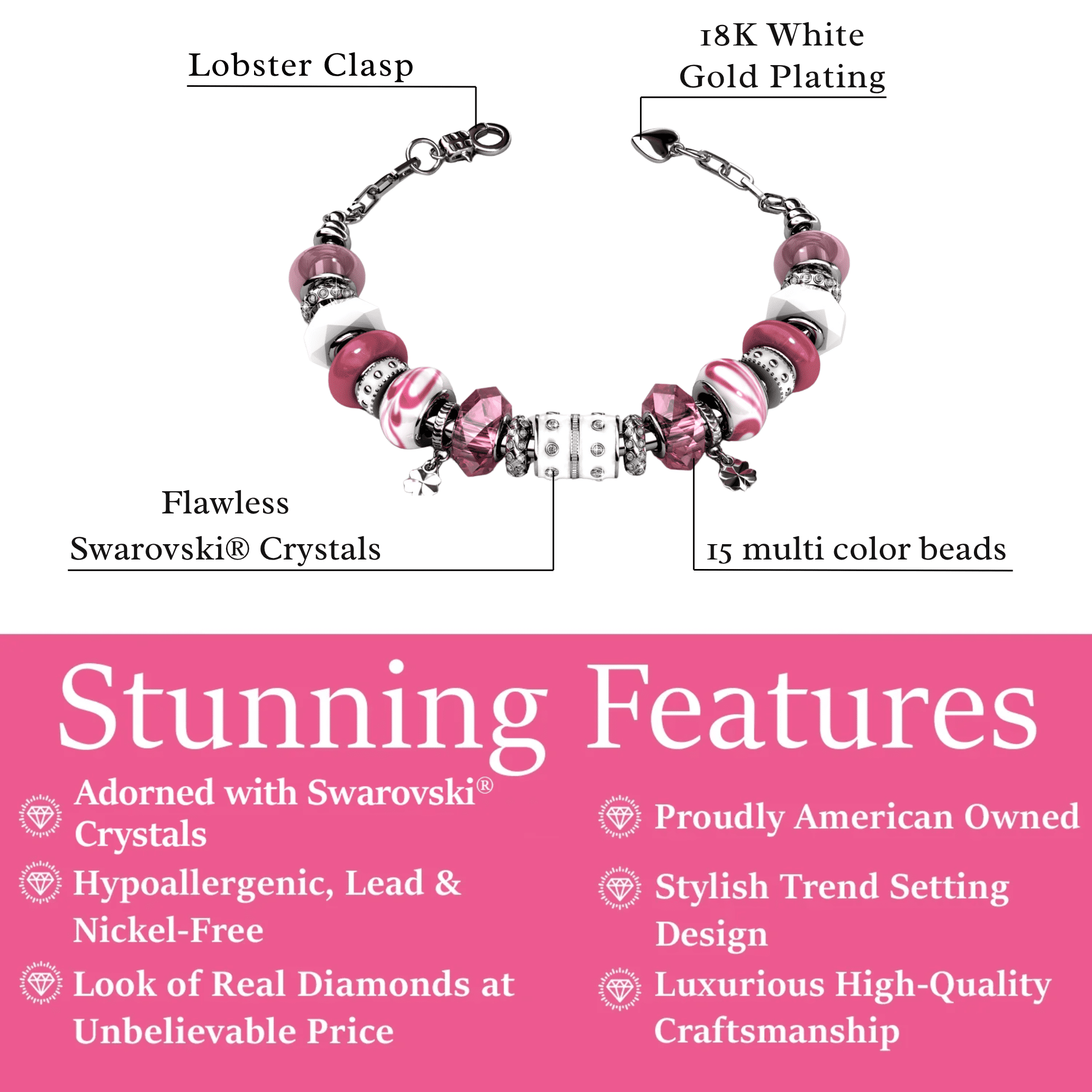 Cate & Chloe Aurora 18k White Gold Plated Bracelet with Pink Beads and Swarovski Crystals for Women