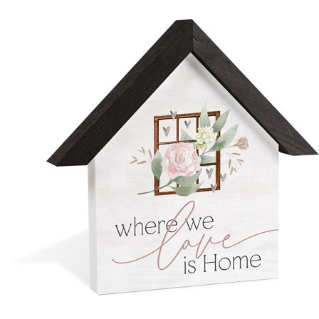 Where We Love Is Home Black Roof 10 x 9.5 MDF Wood House Word Block Sign
