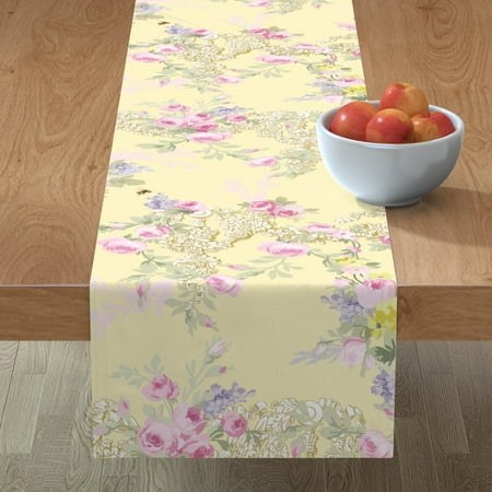 

Cotton Sateen Table Runner 72 - Toile Yellow Flowers Floral Spring Roses Easter pastel Print Custom Table Linens by Spoonflower