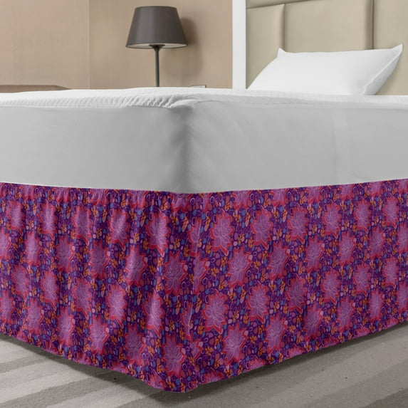 Floral Bed Skirt, Modern Style Depiction of Narcissus Flowers and Petal Motifs on Background, Elastic Bedskirt Dust Ruffle Wrap Around for Bedding Decor, 4 Sizes, Purple Multicolor, by Ambesonne