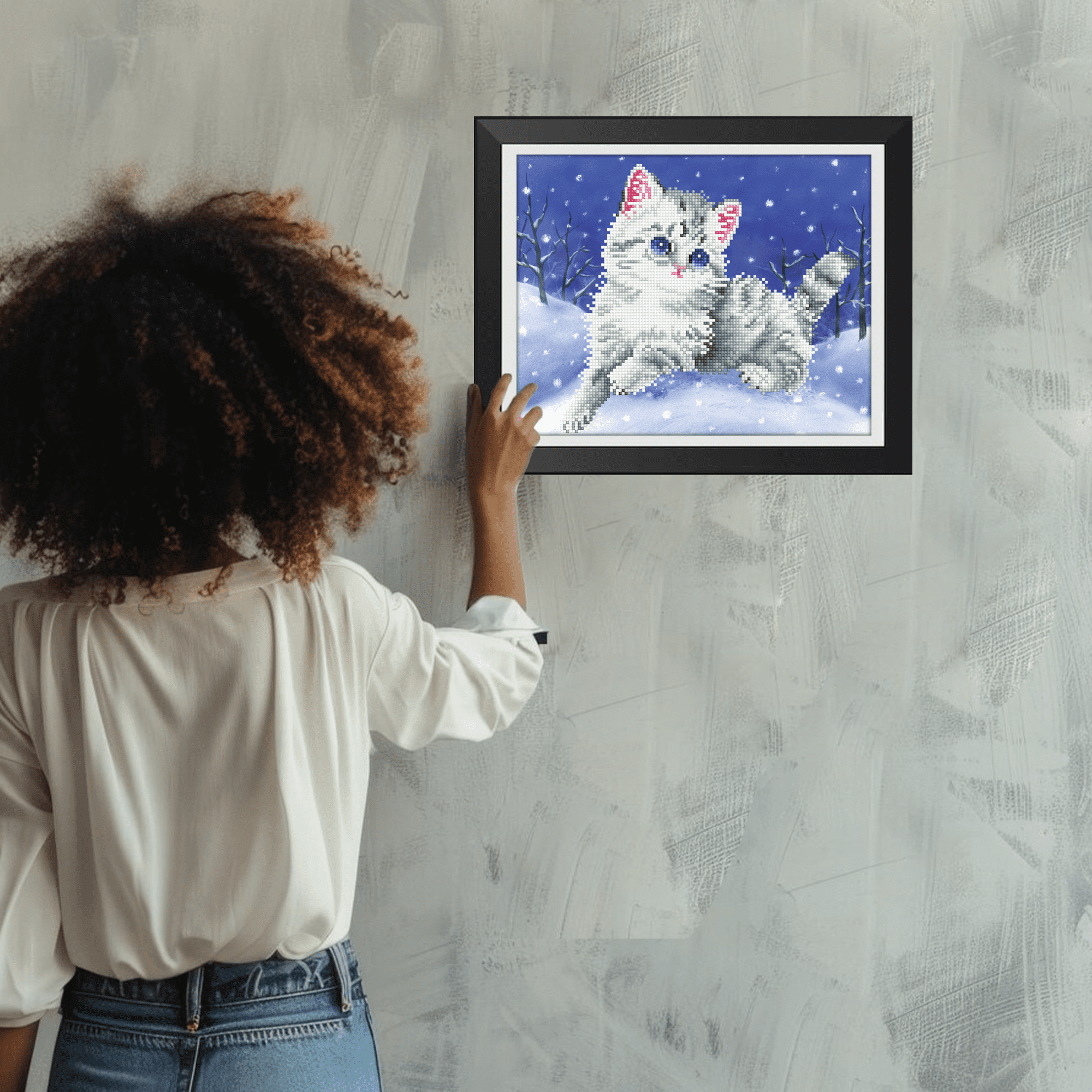 Diamond Dotz Kitten in the Snow with Frame Cat Diamond Painting Kits for Adults - Diamond Art Kits a Relaxing Creative Craft Kit with Dotz Gems 14"x11"
