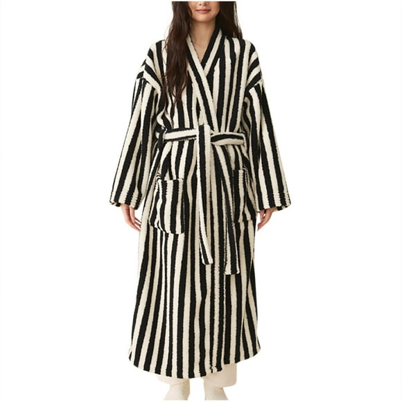 Tawop Robes D'éTé Pour Femmes Silk Pajamas Women Pajamas Long Home Bathrobe Robe Fashion Casual Pocket Long-Sleeved Stripe Loungewear Nightgowns for Women Black Xl