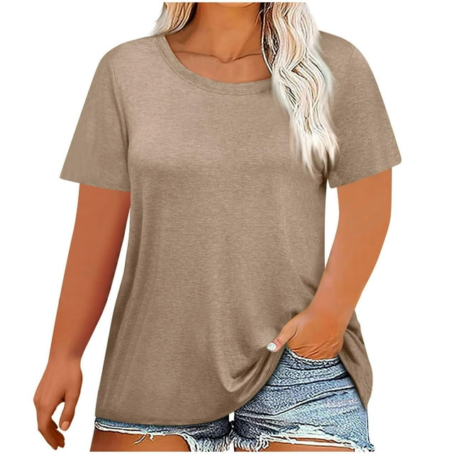 Hauts pour Femmes Grande Taille Manches Courtes Col Rond T-Shirt Imprimé Blouse Ample Tenue Décontractée Basique T-Shirts Été 2025 Kaki TTG