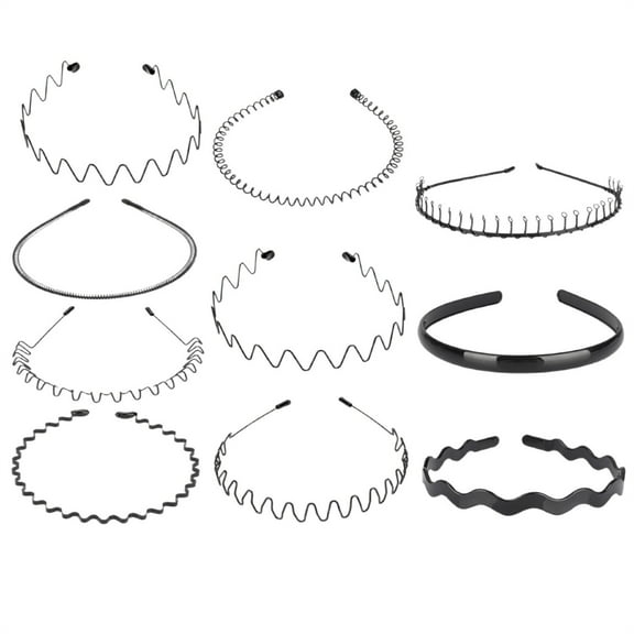 Metal Headbands for Men Fashion Headband for Women, Unisex Wavy Hair Bands Outdoor Sports Head Bands Simple Elastic Non-Slip Hair Accessories-Black-10 Pack