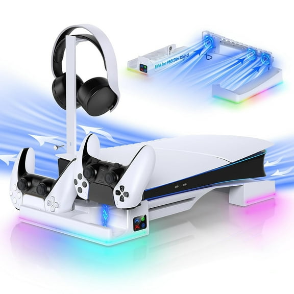Horizontal Charging Stand & Cooling Fan Station for PS5 Slim Digital & Disc, Dual Charger for DualSense Controllers with 14 RGB Light Modes & Headset Holder Accessories-White