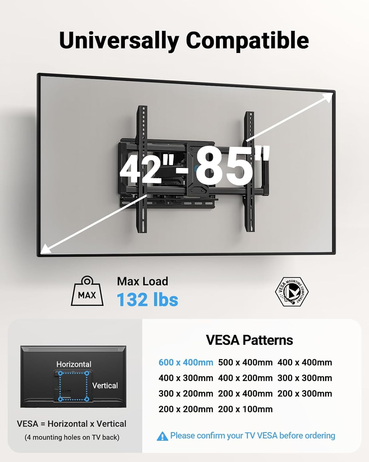 Full Motion TV Wall Mount for 42-85 inch Flat Screen LED TV up to 132lbs Swivel Dual Articulating Arms Mount, Tool-Free Tilt Bracket Max VESA 600x400mm, Fits 8” 12” 16" Wood Studs