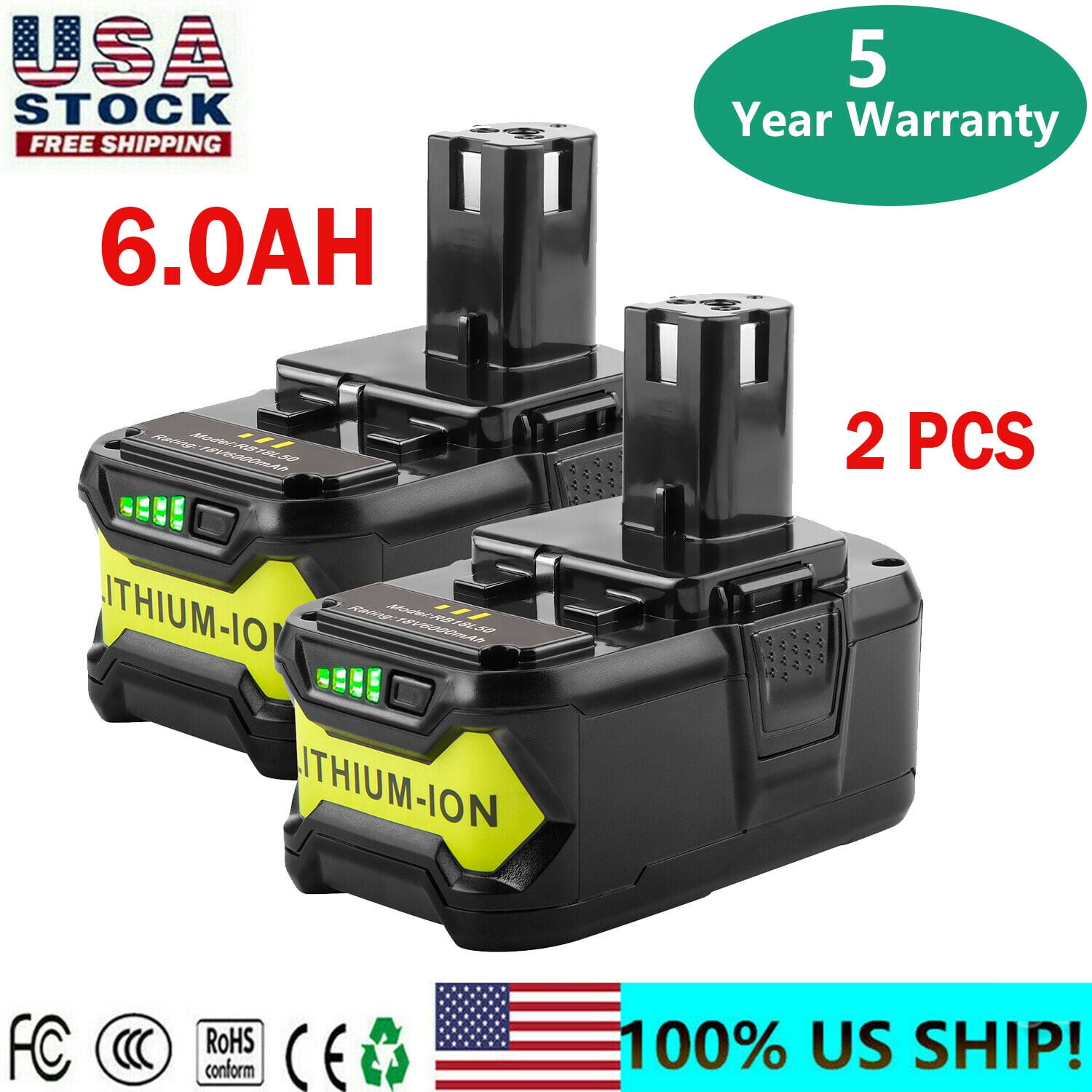 Plus 6.0Ah High Capacity Lithium-ion Battery NEW For RYOBI P108 18V 18 Volt One 